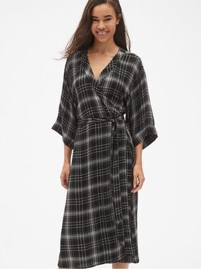 👘 GAP Plaid Tie-Waist Midi Wrap Dress, Sz XL